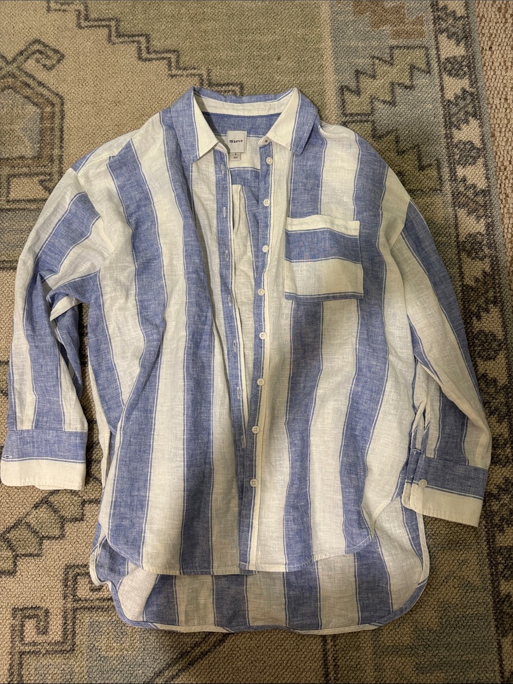 Maeve Blue and White Vertical Stripe Linen Button-Down